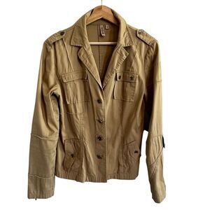 209 Womens Tan Military Jacket Size 2 Button Up Utility Cargo Safari Lightweight